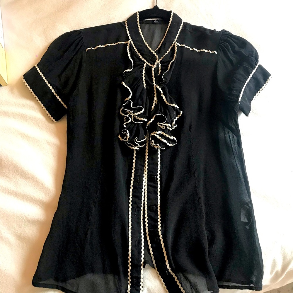 Sheer Black Button-Up with Ruffle
